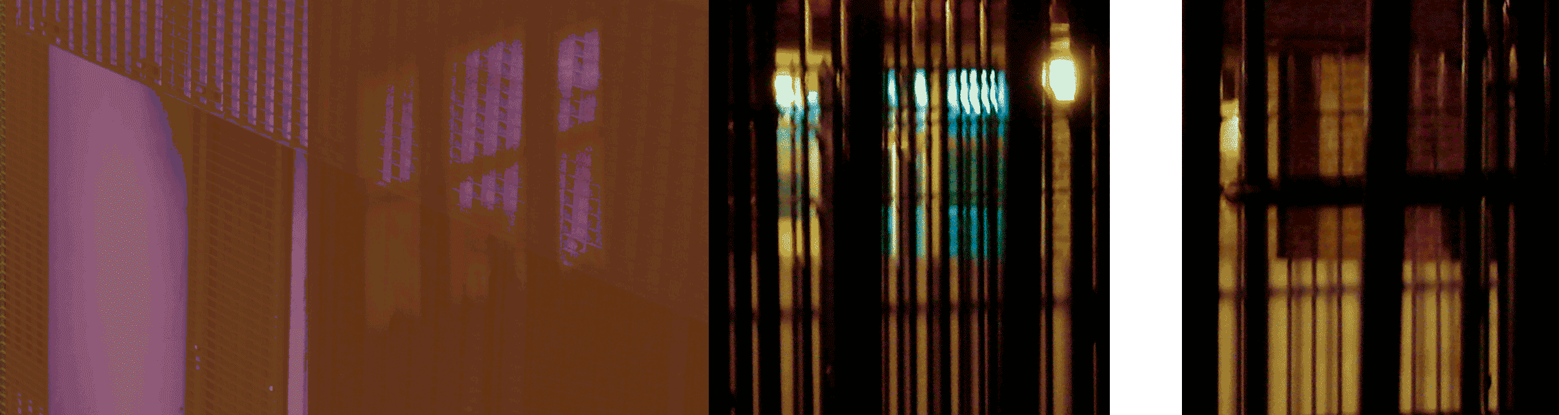 [scene 21 panning]<br />
			dancing verticals, light glowing between the bars<br />
			in a <span class="enlarge">shadow play</span> of pictorial illusion